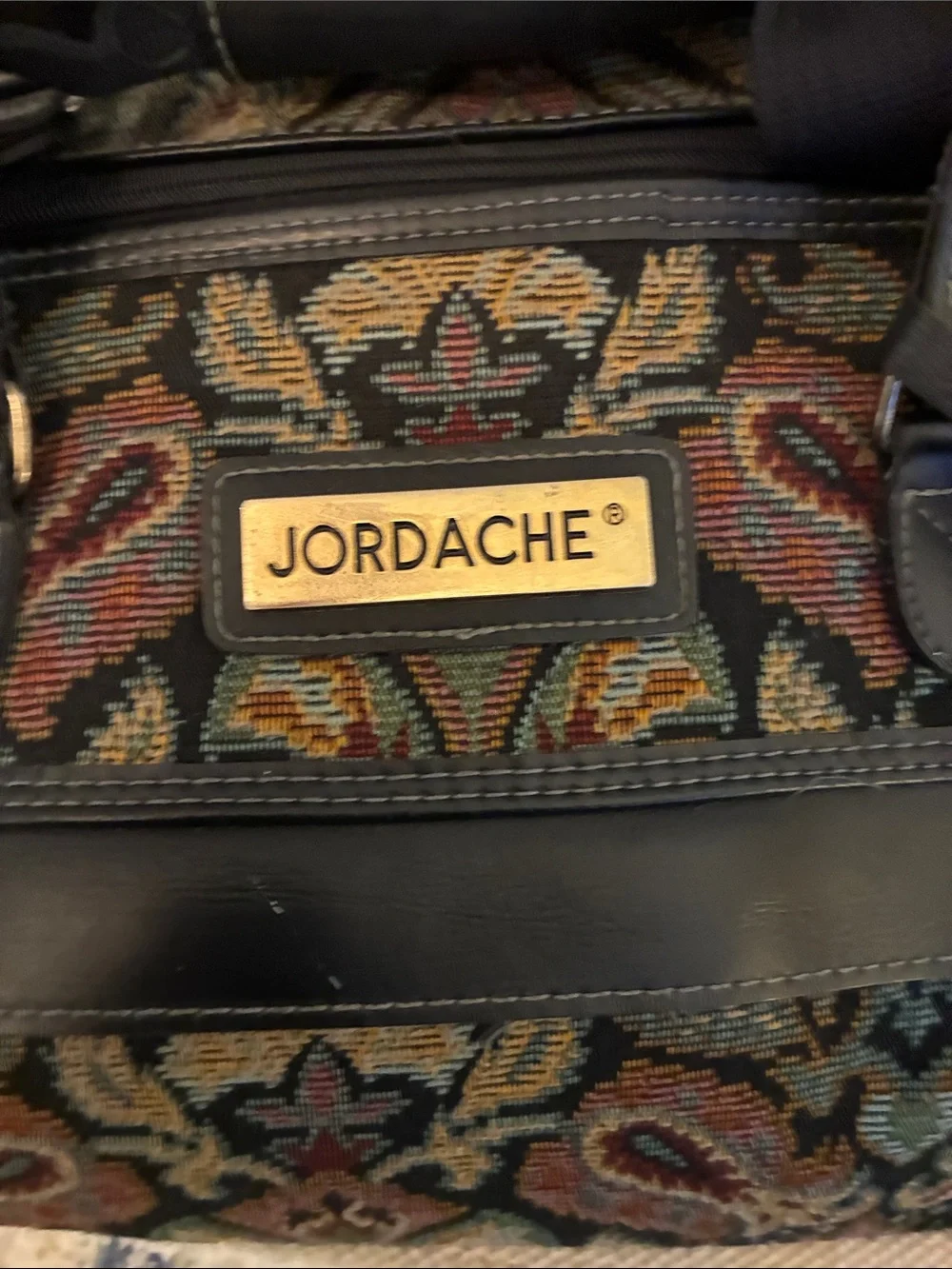 Vintage Jordache Multicolor Tapestry Duffel travel bag w/Black Trim